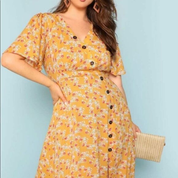 Shein Asymmetric Buttoned Placket Floral Dress-Plus Size - Picture 1 of 4